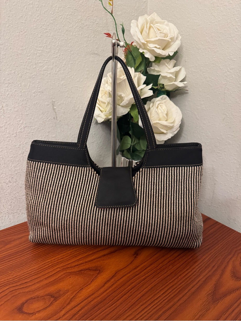 The Sak Striped Tote with Bright Pink Interior and Black Trim